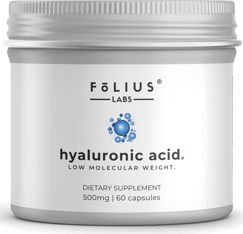 Cápsulas Ultra Alta Pureza Ácido Hialurônico 500mg - 95% Hialuronato de Sódio - Altamente Purificado e Biodisponível - Baixo Peso Molecular - Não-GMO Fermentado - 60 Cápsulas