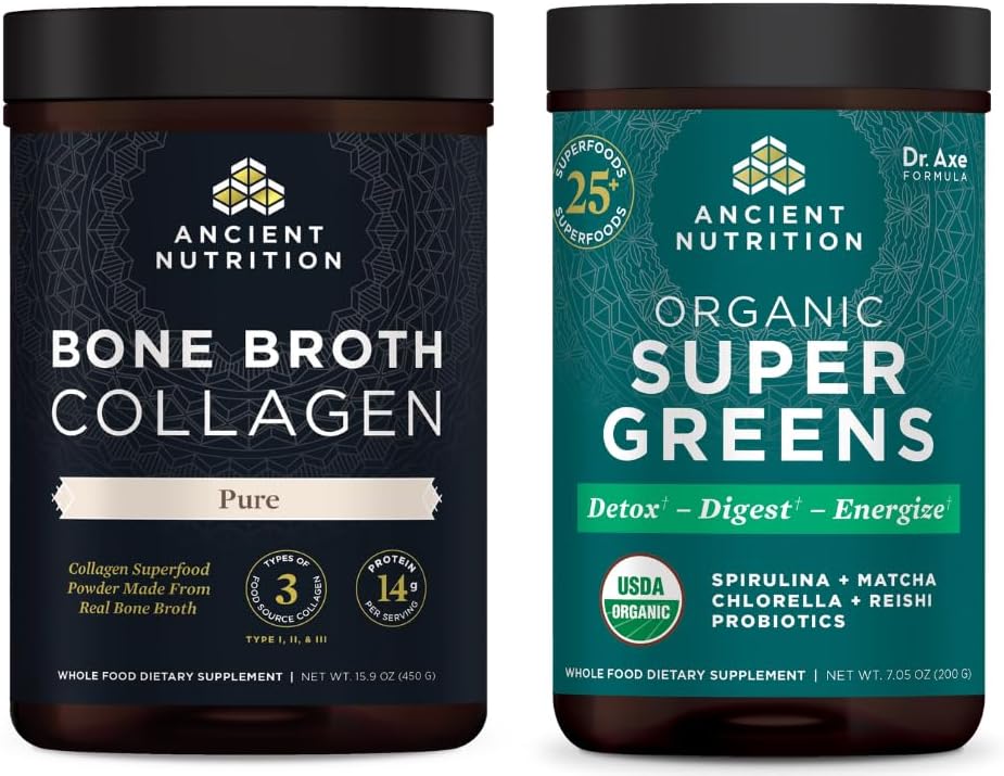 Ancient Nutrition Bone Broth Colágeno Pó, Puro, 30 Servings + Orgânico Supergreens Pó, Greens Flavor, 25 Servings