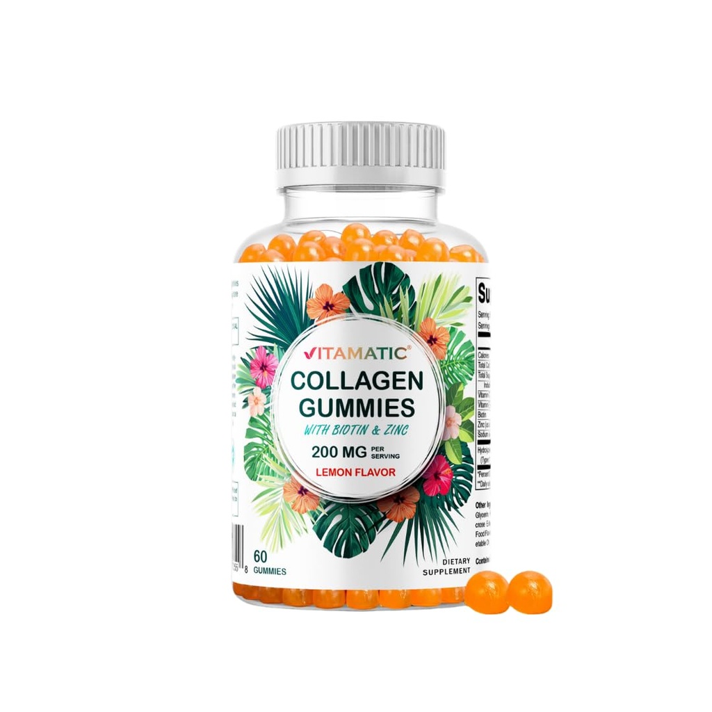 Vitamatic Hydrolyzed Collagen Gummies with Vitamin C, Zinc and Biotin, 200 mg - Healthy Skin Support - 60 Gummies