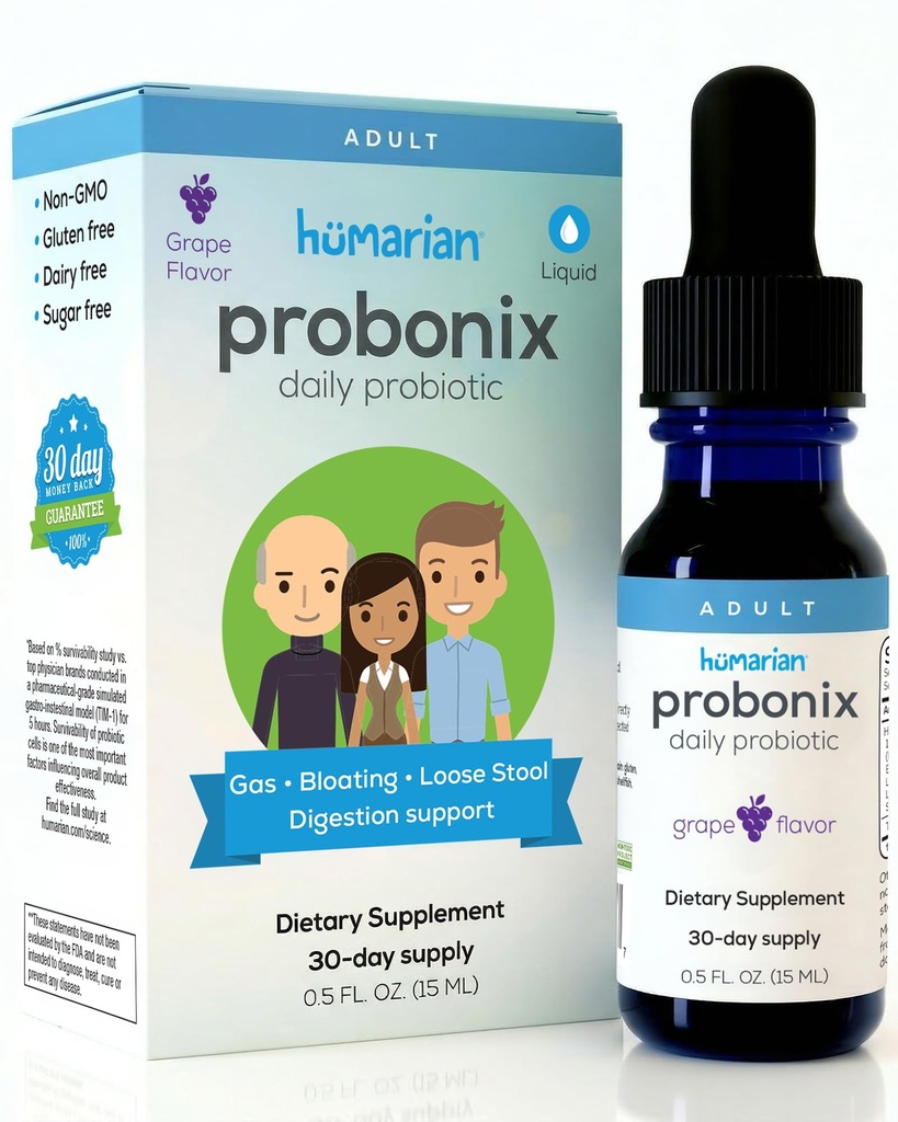 Probonix Humarian Liquid Probiotics for Adults - 12-Strain Probiotic Drops to Fortify Gut Health, Immunity and More - 30-Day Supply - Delicious Grape Flavor