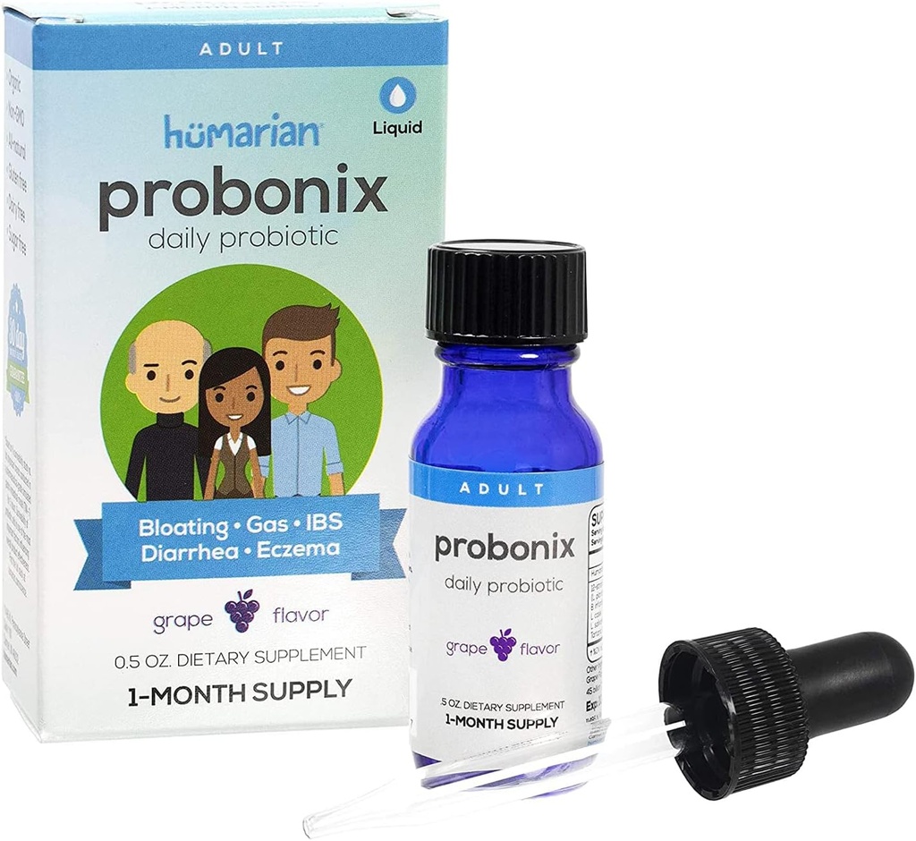 Probonix Humarian Liquid Probiotika pro dospělé - 12- Strain Probiotické Kapky k posílení Gut zdraví, imunity a více - 30- denní dodávky - Delicious Grape Flavor