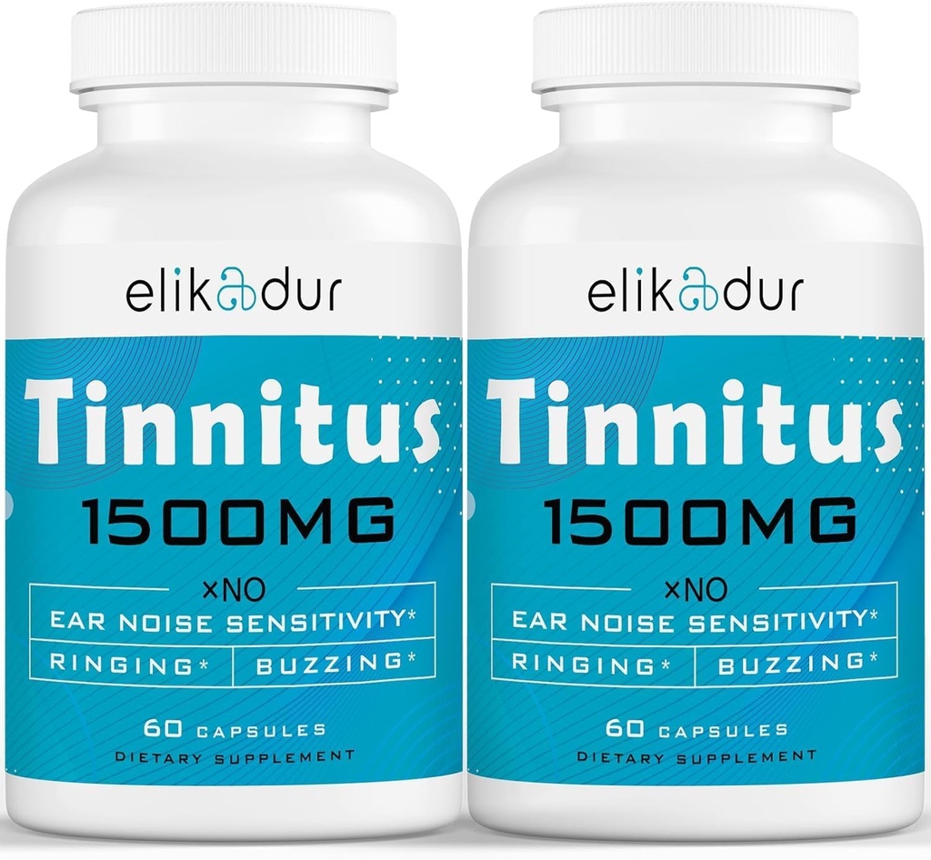 1500 MG Tinitus pentru urechi inelare, Tinitus Supliment pentru inelarea urechii, Herbal Blend brevetat, Tinitus ureche pentru bărbați, (60 Caps, 2-pack)