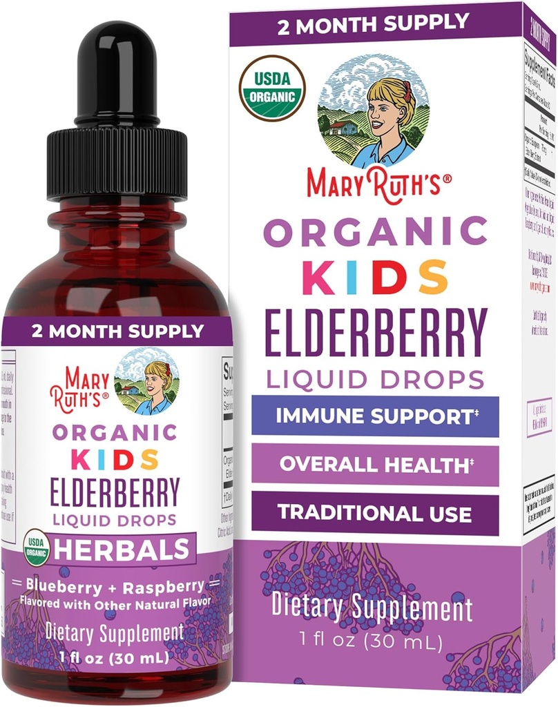 MaryRuth Organics USDA Organic Elderberry Liquid Drops för barn | Vegan Elderberry Extract Organic Glycerin | Immune Support Supplement | Total hälsa | Formulerad för Ages 4-13 | 1oz