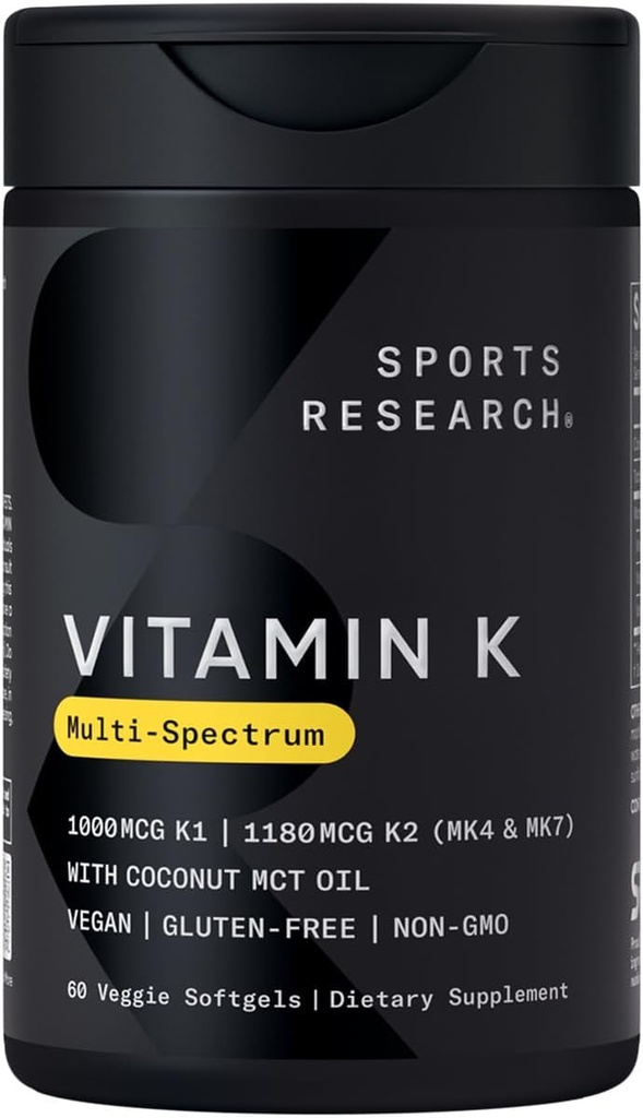 Investigación deportiva Vitamina K Multi-Spectrum - Tres tipos de vitamina K: K1, K2 MK-4 & K2 MK-7 - Vegan Friendly, Plantgel Capsule - 60 softgels