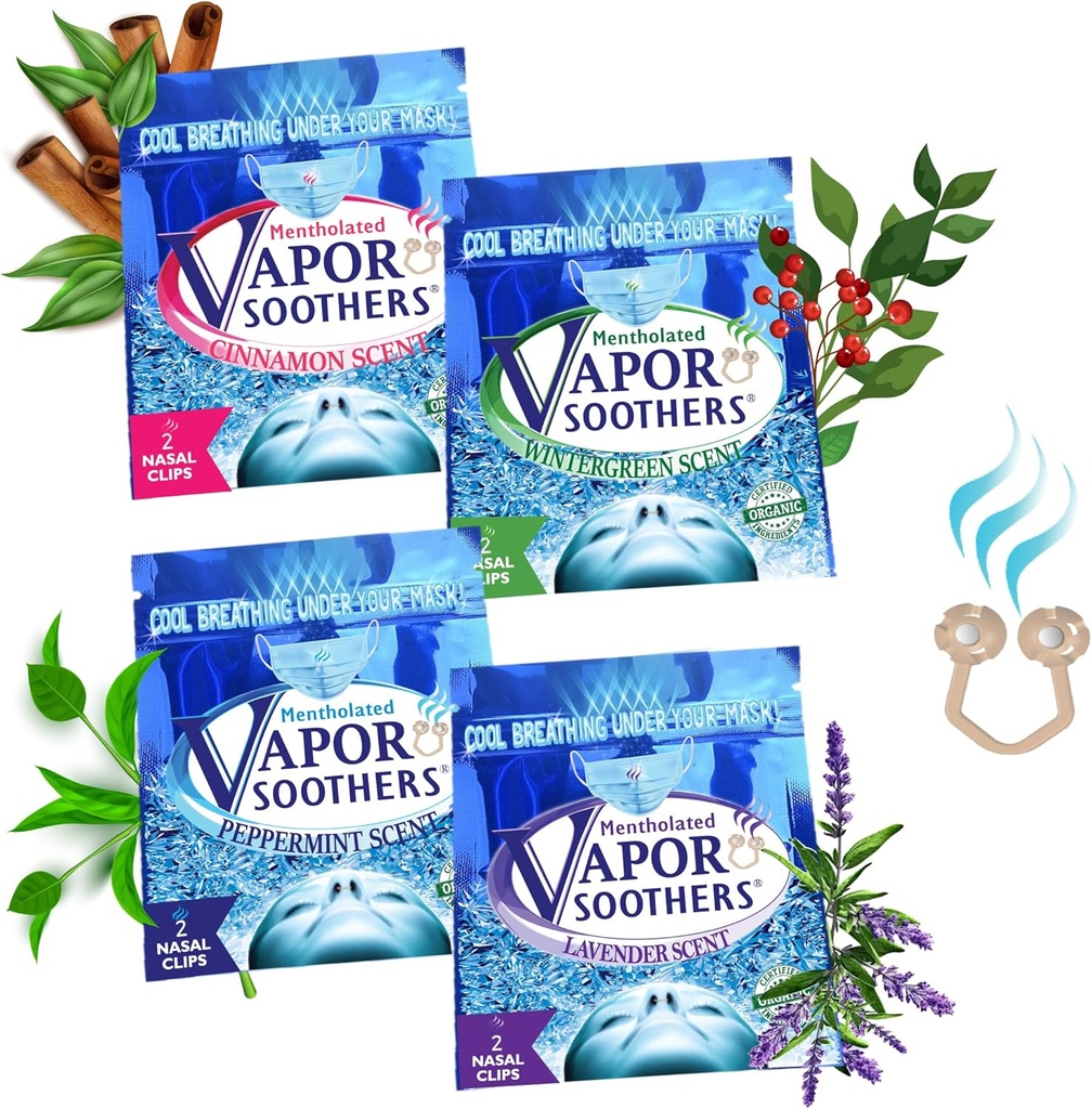 Nasal Dilator Clips, Cool & Easy Breathing Under Your Mask, 4-Scent Variety Pack (Peppermint, Wintergreen, Cinnamon, Lavender), 8 Count, Instant Nasal Congestion Relief, Drug-Free