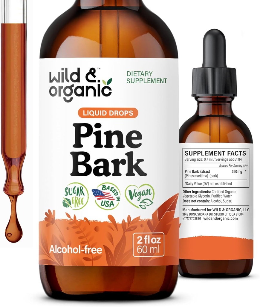 Wild & Organic Pine Bark Extract Tincture - Antioxidant Support - Pinus Pinaster Supplements - French Maritime Bark Liquid Drops - 2-Month Supply - Vegan, Alcohol & Sugar-Free - 2 fl oz