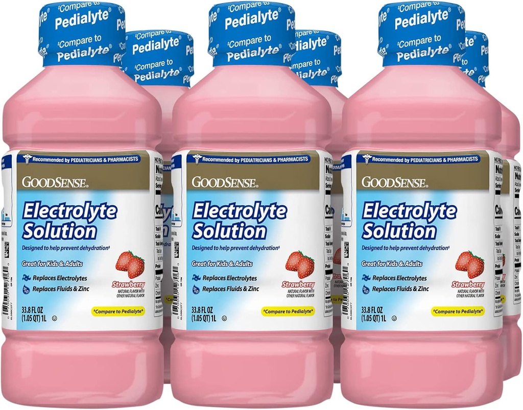 GoodSense Strawberry elektrolitoen soluzioa, elektrolitoak, fluidoak eta zinkak, haurrak eta helduak, 33,8 fluido-onces (6ko paketea)