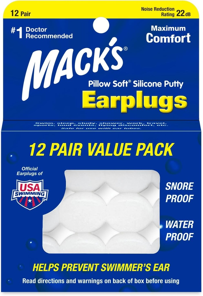 Mack's Pillow Soft Silicone Earplugs, 12 Pair - оригинальные формовочные силиконовые ушные подушки для сна, храпа, плавания, путешествий, концертов и обучения