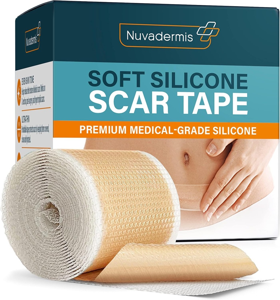Nastro per cicatrici in silicone NUVADERMIS per cicatrici chirurgiche - Rotolo da 120" x 1,5" - Nastro per cicatrici di grado medico per rughe, cicatrici chirurgiche, cicatrici Keloid e cicatrici ipertrofiche - Rotolo di fogli di scarto riutilizzabili - 1 confezione