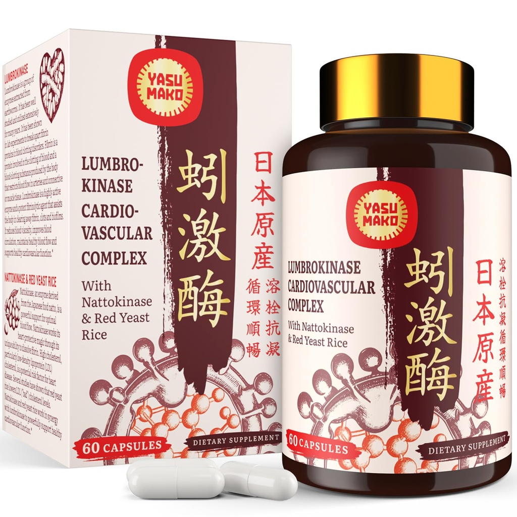 Lumbrokinase 100mg (Max Activity 1,000,000 LKU),Nattokinase 100mg-2,000 FU of Activity and Red Yeast Rice 300mg, Potent Lumbrokinase Enzymes Supplement for Circulatory,Cognition,60 Capsules(Pack of 1)
