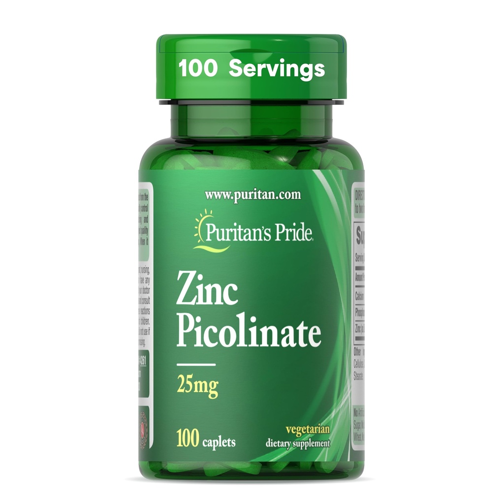 Puritan's Pride Zinc Picolinate Zinc 25mg with Calcium and Phosphorus, Vegetarian Dietary Supplement for Immune System, Energy Metabolism, Cell Division and Growth Support, 100 Caplets