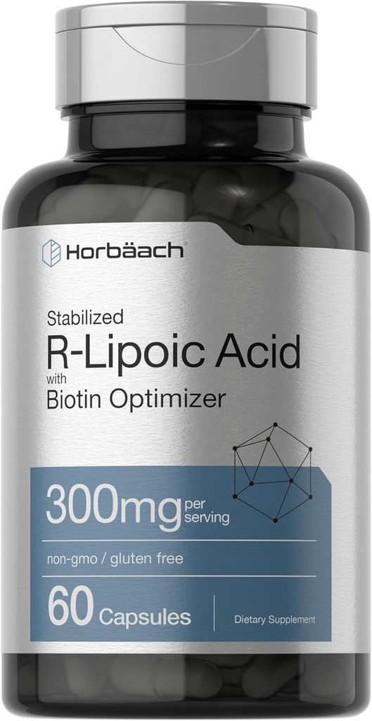 Horbäach 稳定R-液酸 300mg → 60 Capsules → 与生物素优化剂 → 非GMO , Gluten Free → Na-RALA 补编