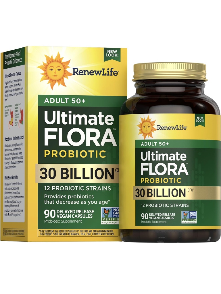 Renew Life Probiotic Adult 50 Plus Probiotic Capsules, Daily Supplement Supports Urinary, Digestive and Immune Health, L. Rhamnosus GG, Dairy, Soy and gluten-free, 30 Billion CFU, 90 Count