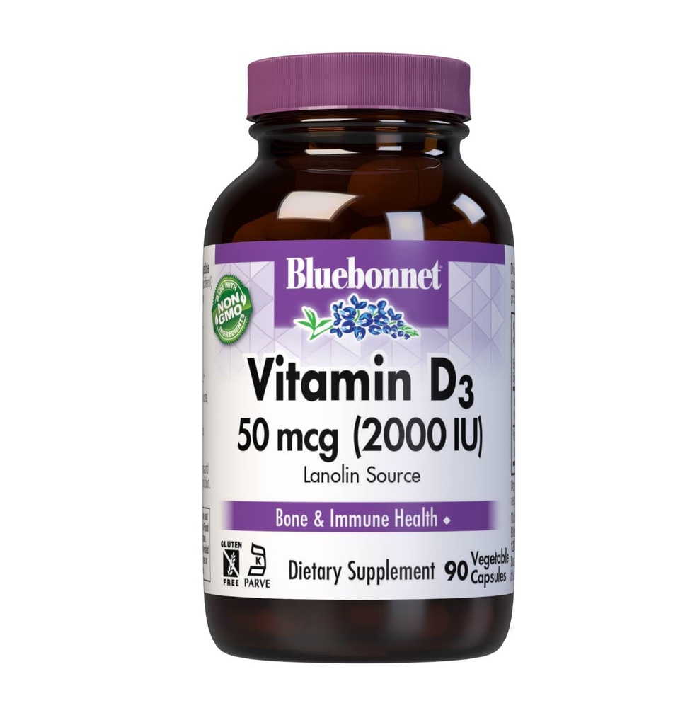 Bluebonnet Vitamin D3 2000 IU Vegetable Capsules, 90 Count