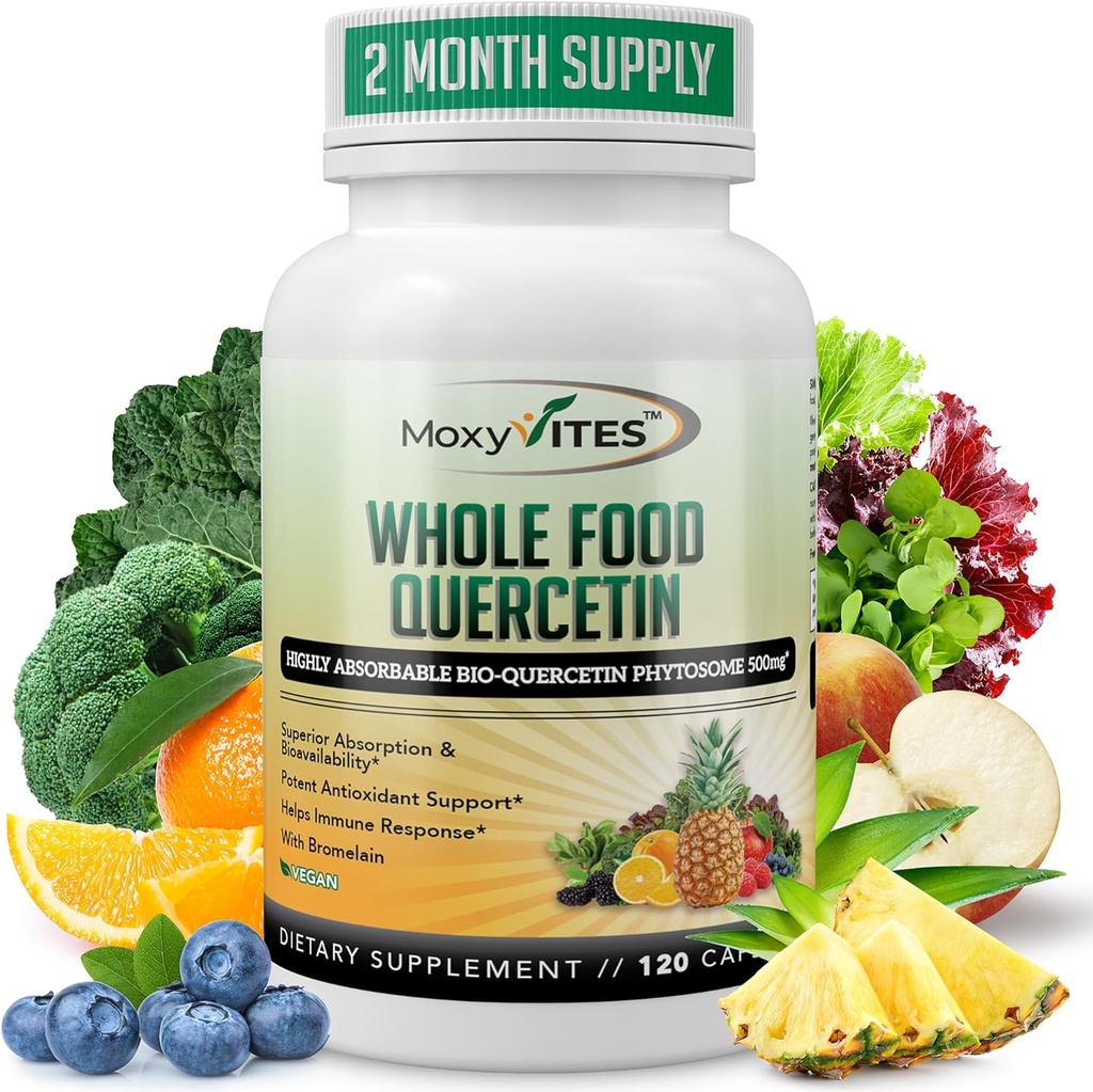 MexiVites Quercetin su Bromelaino 500mg papildymu - Bioactive Phytosome Complex, Pure Organic Food Sezonal Support, Antioksidantas, 20X Absorbcija ir bioprieinamumas - 120 Caps