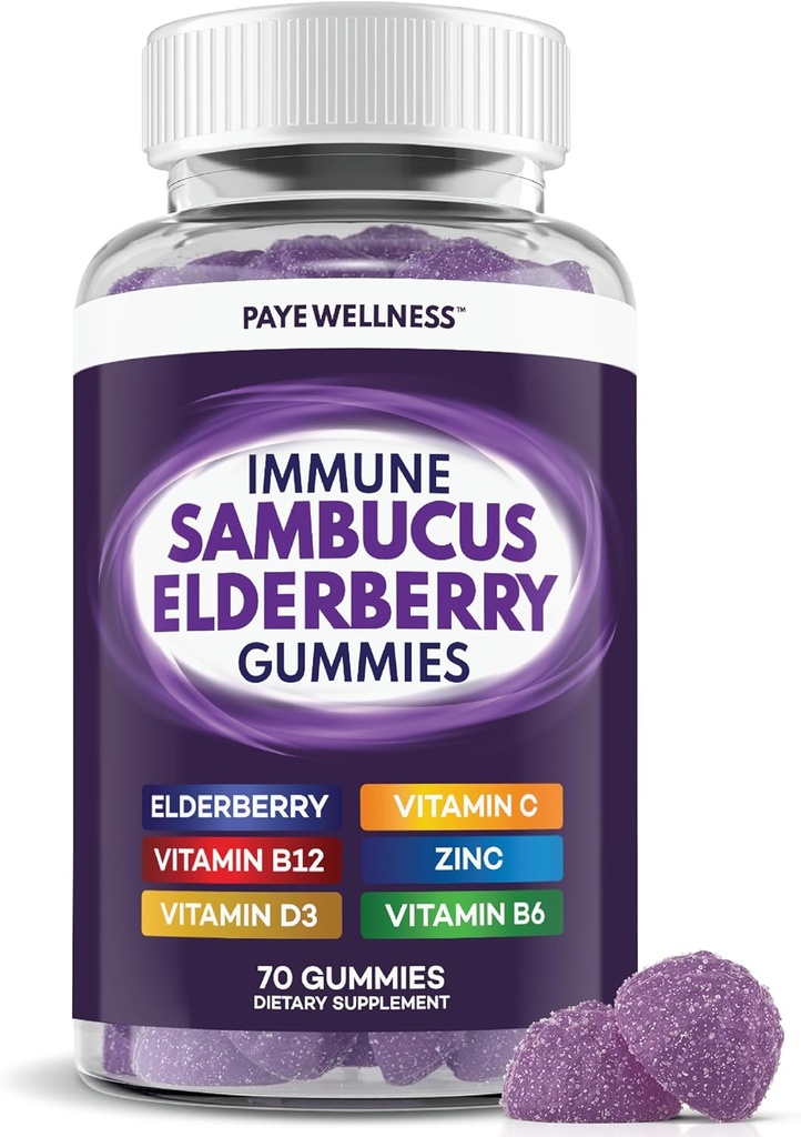 Elderberry Gummies Immune Support, Dagligt stöd för barn och vuxna *, med Sambucus Elderberry, Zink, Vitamin C, D3, B6, B12, Plus - Kosttillskott - 70 greve