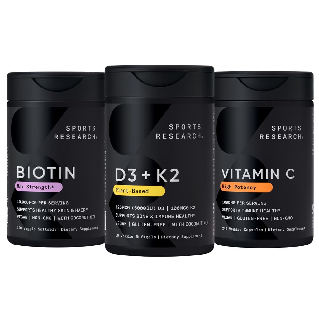 Sports Research® Body Wellness Pack - Vitamin D3 5000iu K2 100mcg, Vegan Biotin 10,000mcg with Coconut Oil and High Potency Vitamin C Supplement 1000mg
