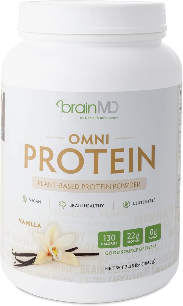 BRAINMD Dr Amen Omni Protein Vanilla - 2,38 lbs - Plant-na základe proteínového prášku - podporuje energiu a cvičenie zotavenie - Vegan, Vegetarián, bez cukru, bez lepku - 30 Serviv