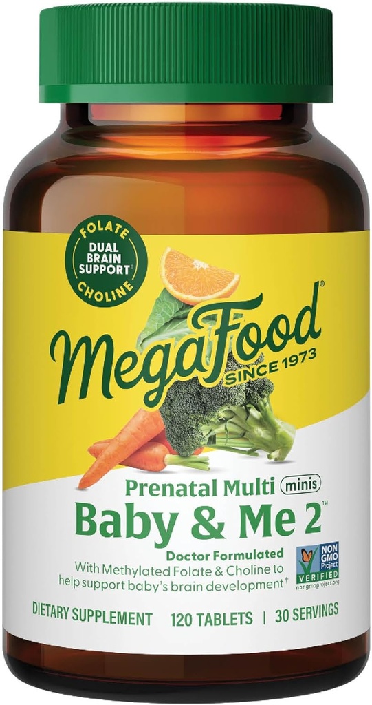 MegaFood Baby & Me 2 Prenatal Multi Minis - Sünnieelsed Vitamiinid Koliini Ja Metüülfolaadiga Naistele - Gluteenivaba, Taimetoitlane, Pre Natal Multivitamiini Naistele - 120 Minis Tablets, 30 Servings