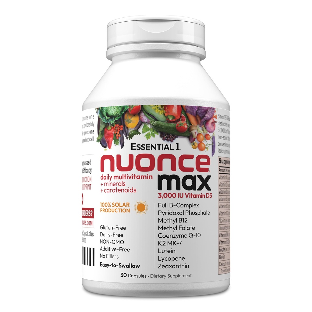 ANDREW LESSMAN Essential-1 nuonce max Multivitamin 3000 IU Vitamin D3 30 Small Capsules. 100 mcg Methyl B12. CoQ10 Lutein Lycopene Zeaxanthin. High Potency. No Additives. Ultra-Mild One Daily Capsule