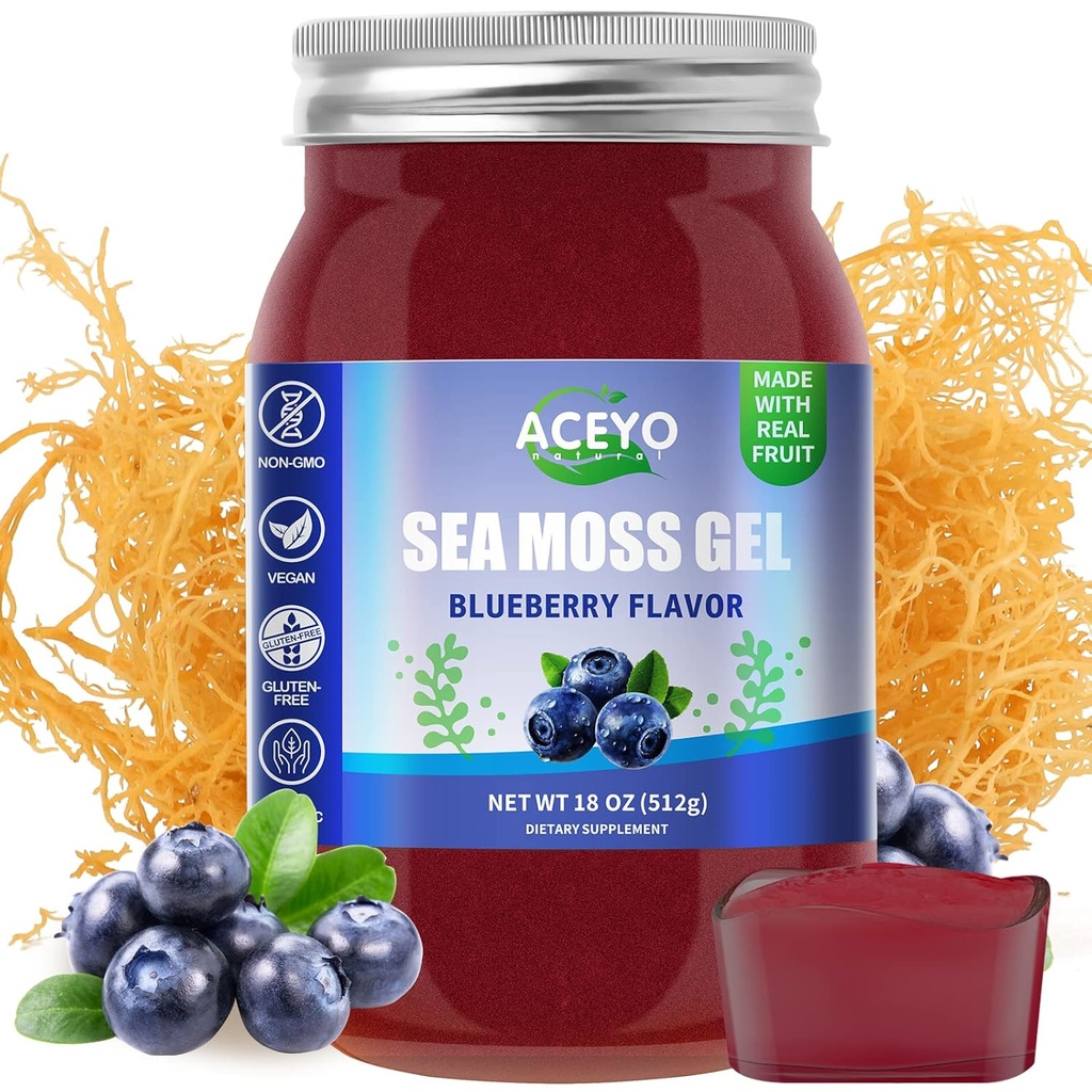 ACEYO(18 OZ) 爱尔兰海 Moss Gel 有机 Raw Vegan Blueberry Flavor 102 维生素和矿物野生收获 非GMO Immune Defense Booster 甲状腺素消化支持