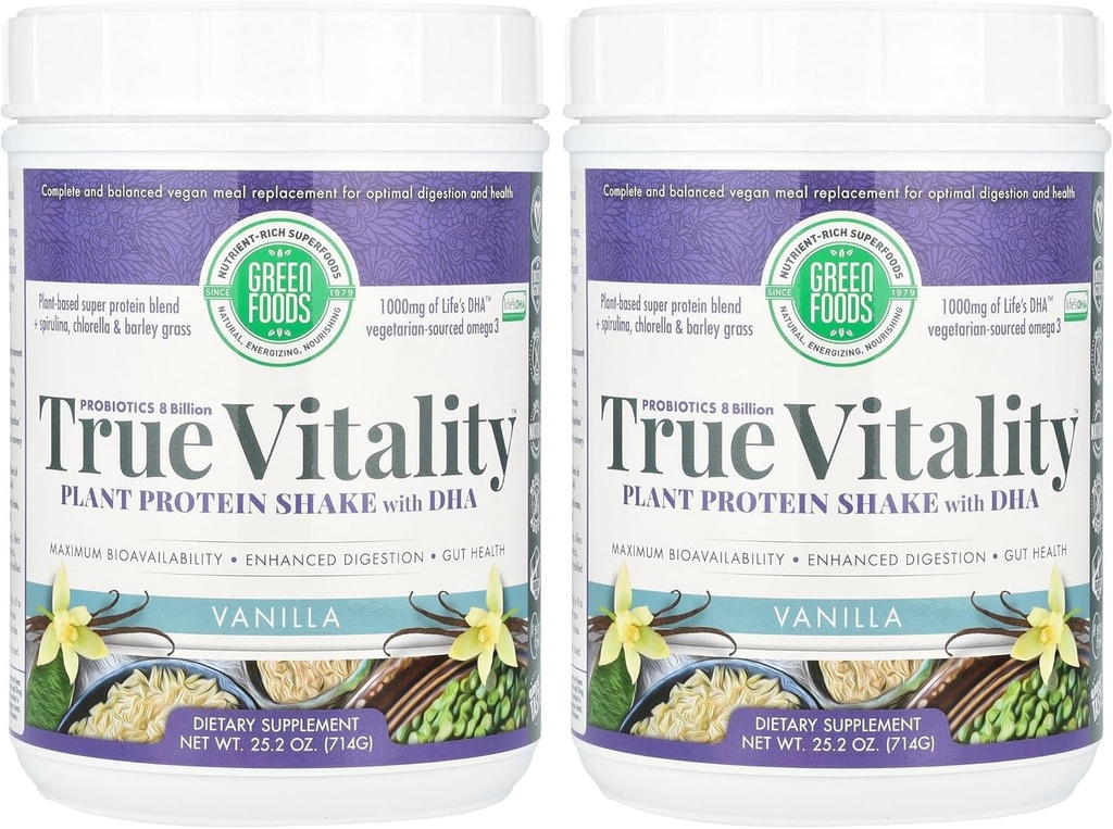 Green Foods True Vitality Plant Protein Shake, Vanilla, 25.2 Ounce (Pack of 2)