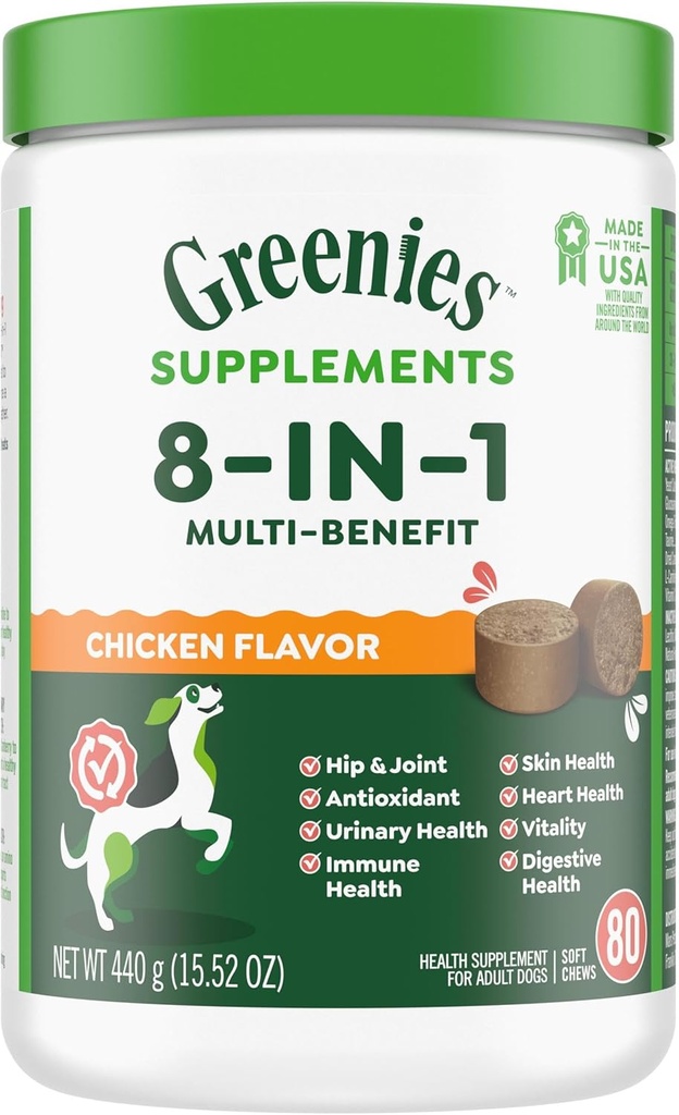 Greenies Dog Supplements 8-v-1 Multi-Benefit Chicken Flavor, 15.5 oz. kontejner, 80 Count