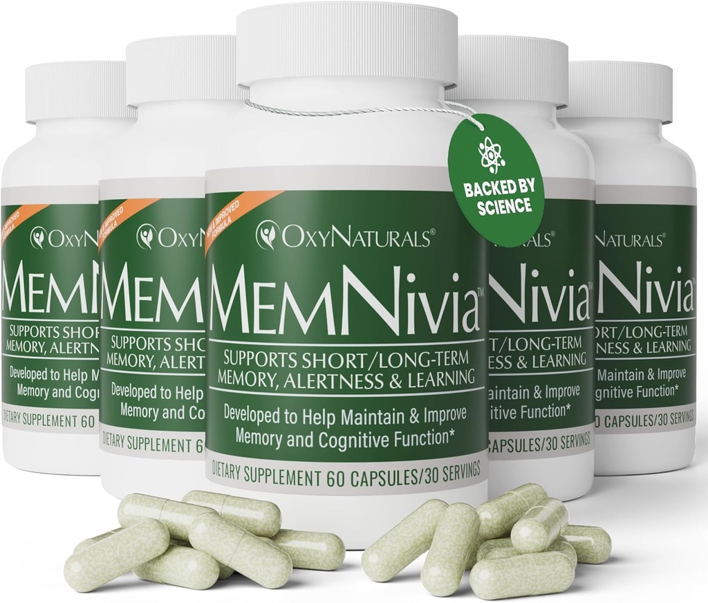 MemNivia Brain Supplementen voor Geheugen & Focus De dubbele Stamcel Formule van de Sage met Cognivia®, Bacopa, Holy Basil & Ginger Clinically Proven Mental Clarity Support 300 Capsules (5 flessen)
