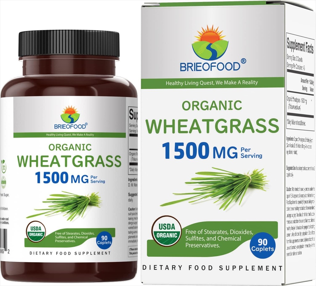 Brieofood Organic Wheatgrass 1500mg, 45 μερίδες, χορτοφαγικά, Χωρίς γλουτένη, 90 χορτοφαγικά δισκία