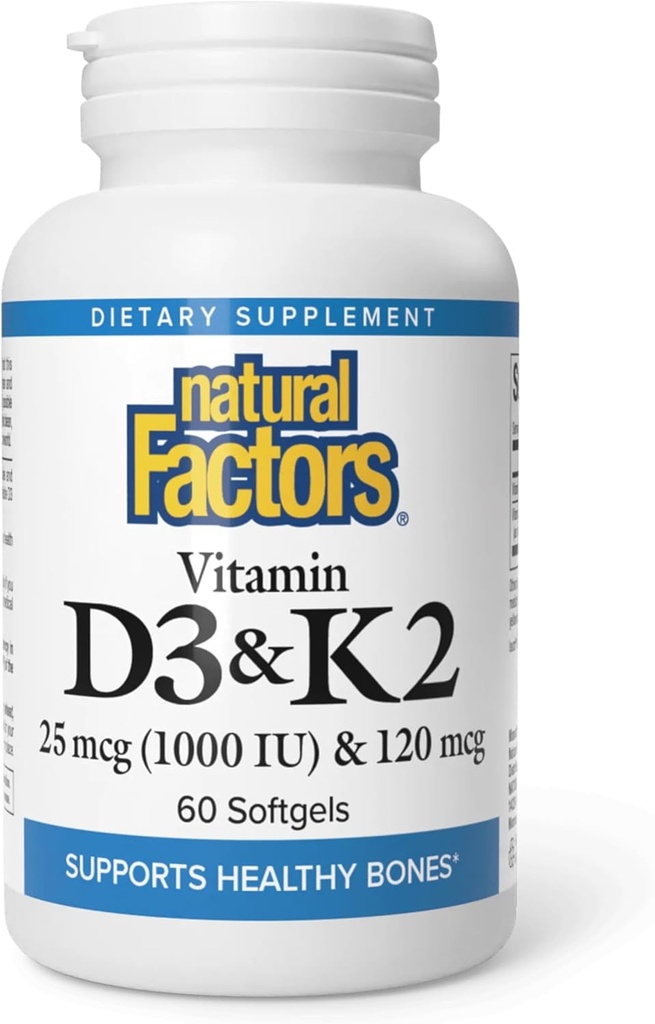 Faktor Alam, Vitamin D3 & K2 1000 IU dan 120 mcg, Support Bone and Vascular Health, 60 Softgels