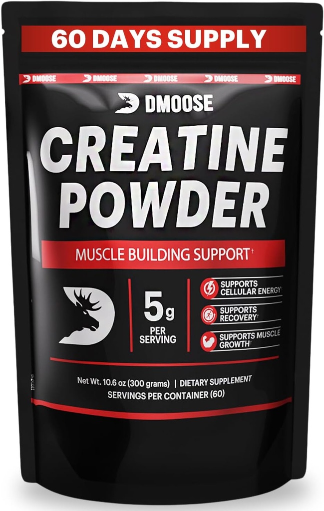 DMoose Creatin Monohydrat-Pulver - Kreatin-Pulver für Muskelaufbau und Erholungsergänzung - 300g pro Serv (5g) 2 Scoops - 60 Servietten