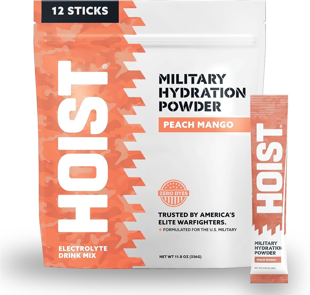 HOIST Electrolyte Drink Mix Powder Sticks - Szybkie nawodnienie, Wojskowa Formuła Nawadniania - Peach Mango (12 Opakowania jednorazowe)