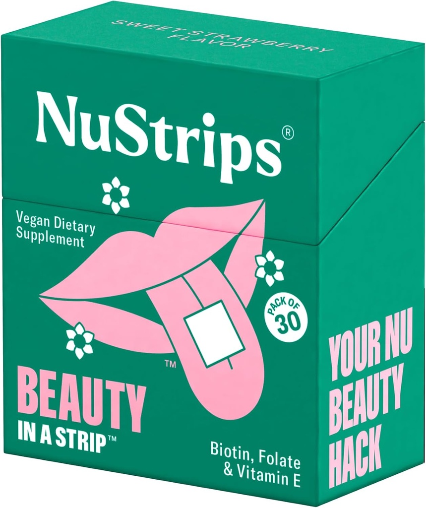 NuStripsTM Ātri šķīstošas skaistumkopšanas lentes ar biotīnu, folātu un E vitamīnu – matu, ādas un nagu papildinājums – atbalsta matu augšanu un samazina matu krišanu – ne-GMO, Vegan – Delicious Strawberry – 30 sloksnes