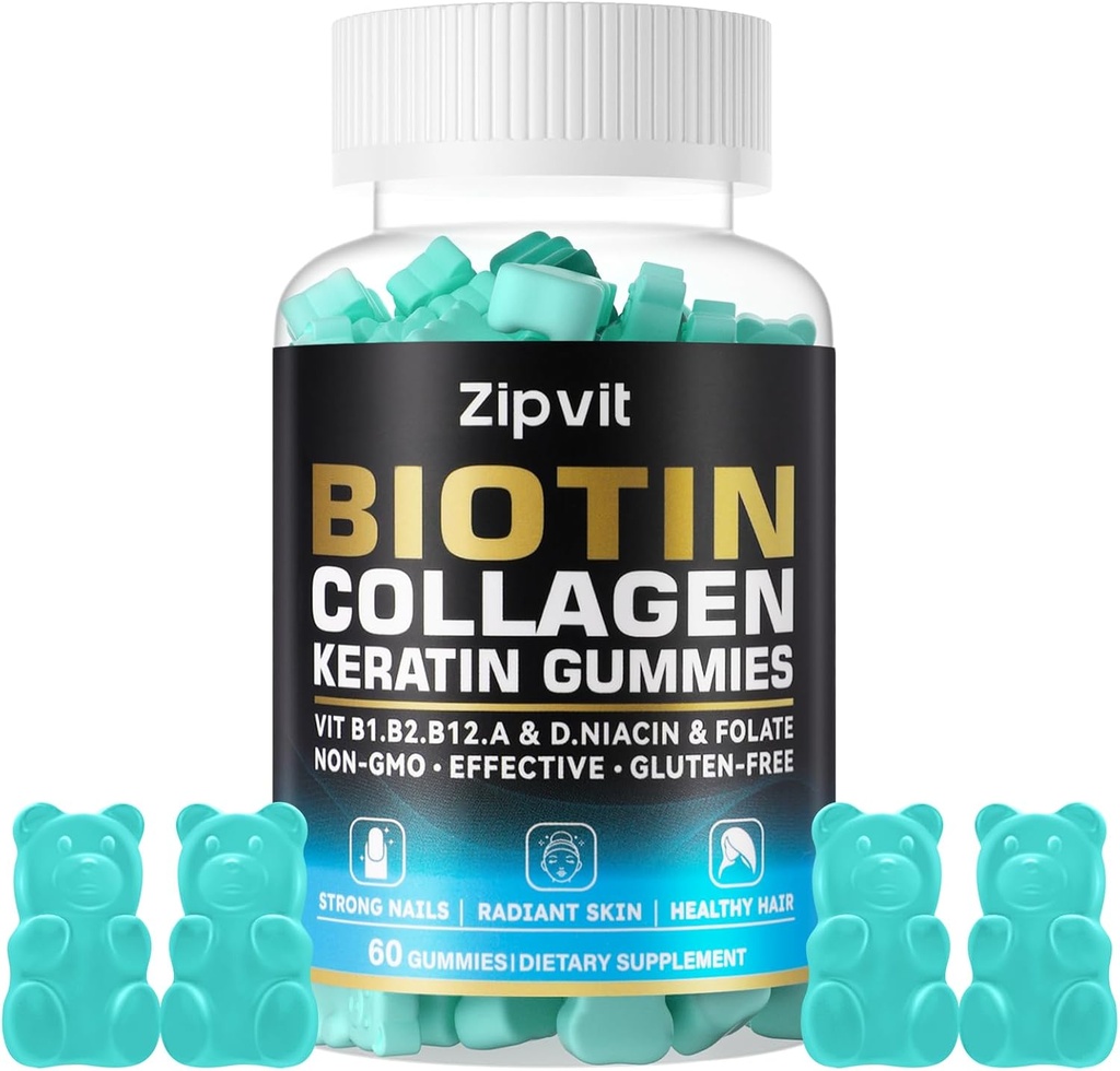 Biotin Collagen Gummies - Hair Skin och Nails Vitamins för kvinnor och män - Hårtillväxt Vitaminer: B1, B2, B3, B6, B7, Collagen, Keratin, vitamin A & D - Hårtillväxt Supplement - 60 Gummy Björnar