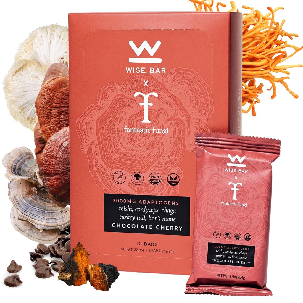Wise Bar Adapgen Mushroom 营养棒与Reishi、Lions Mane & Ashwagandha、有机维冈 & Gluten 自由小吃促进自然焦点、能源和豁免支持、巧克力樱桃火焰,12 Counter