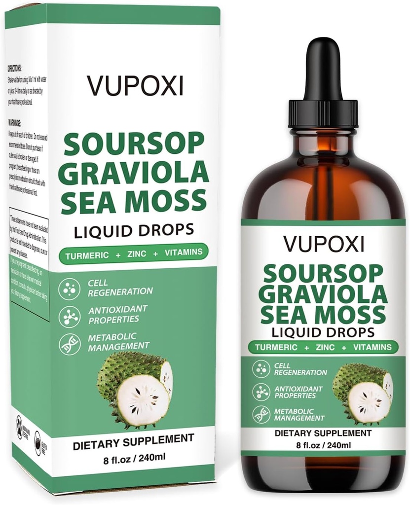 Soursop Multivitamina Liquid Drops soporte de células e regeneración, impulso inmune, fibra dietética e sono, extracto de soursop orgánico gratis, non-GMO, 100% Vegan, Gluten-Free-8 Fl Oz/240 ML