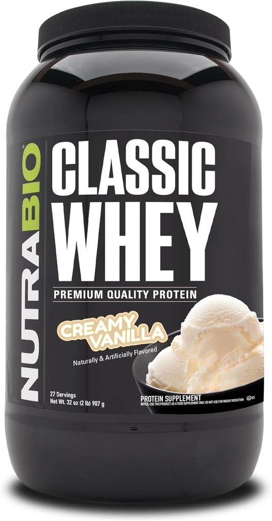 NutraBio Classic Whey Protein Powder - 25G białka Per Scoop - Full- Spectrum Acid Profile - No Fillers, Sztuczne kolory, Środki konserwujące - Niski indeks glikemiczny - Creamy Vanilla, 2 funty