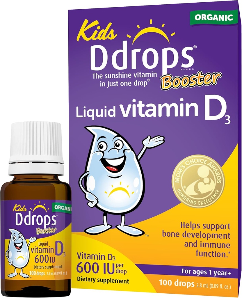Ddrops Crianças Booster 600UI 100 Drops - Vitamina D Líquida Diária para Crianças. Apoiar ossos fortes e sistema imunológico em crianças. Sem conservantes, Sem açúcar, Não-GMO, Alergia-amigo