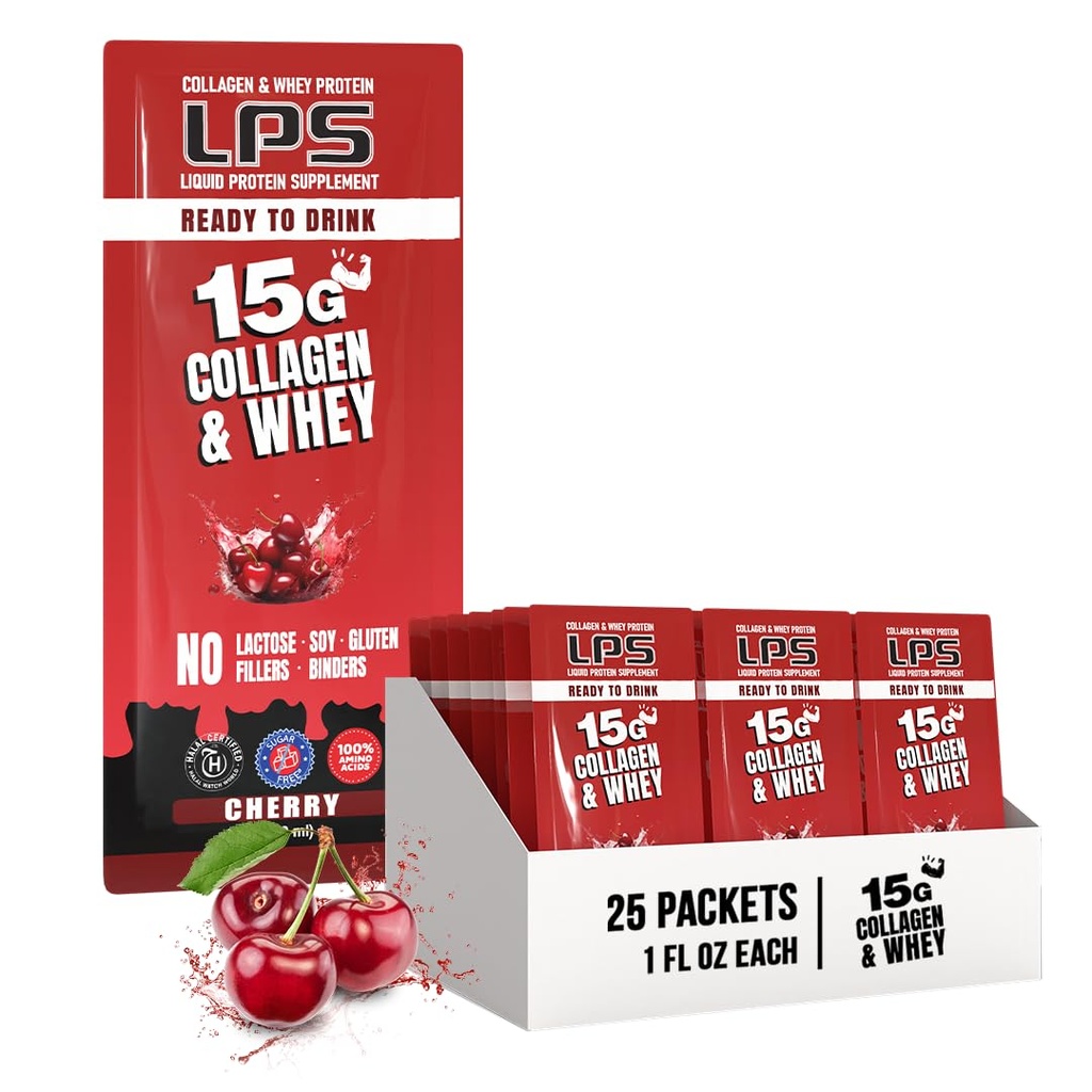 Nutritional Designs LPS Liquid Collagen & Whey Protein Supplement - Non-GMO Drink, Sugar-Free - Promotes Healthy Skin & Hair for Men & Women, Single Serve (Cherry, 25 Packets)
