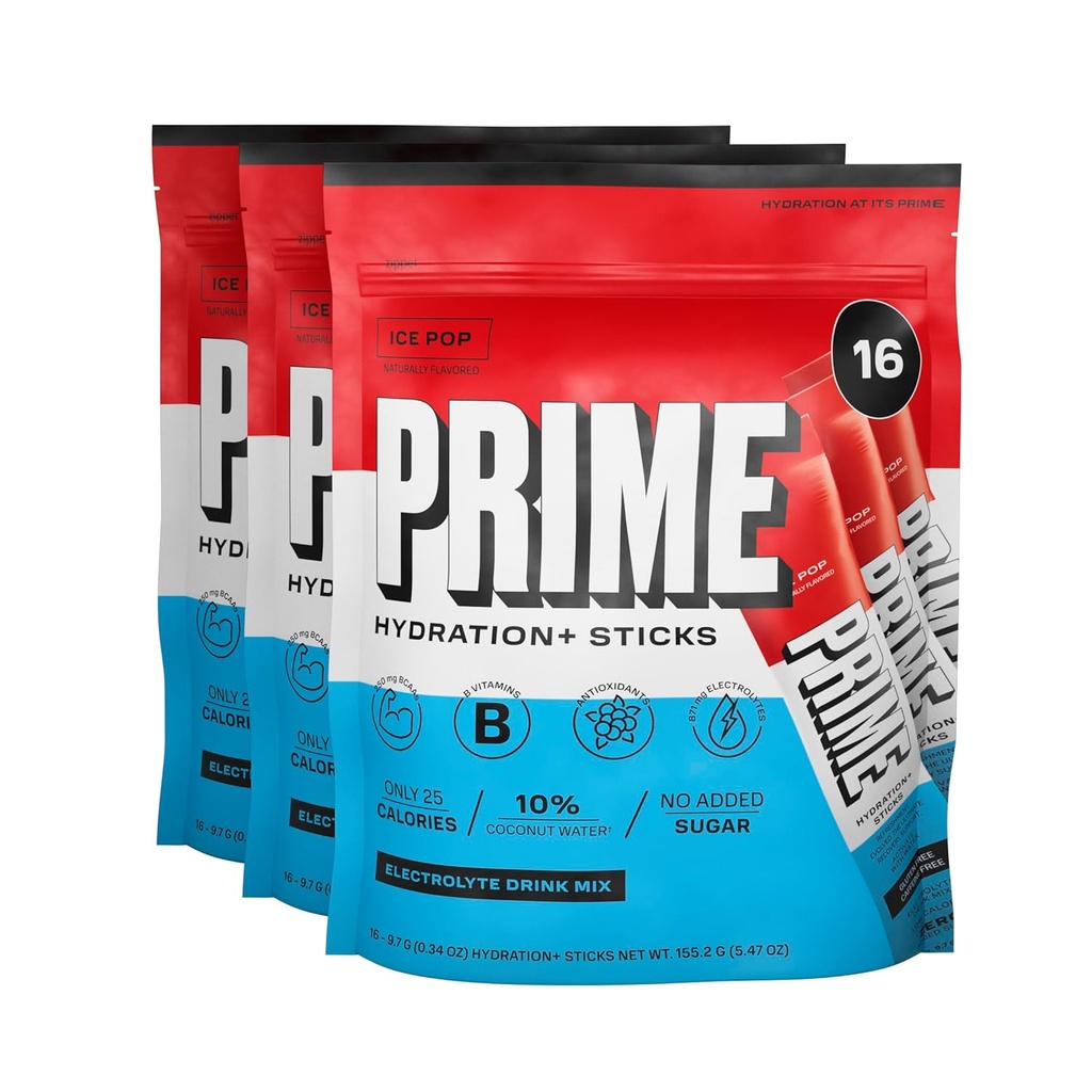 PRIME HYDRATION+ Sticks ICE POP | Hydration Powder Single Serve Sticks | Electrolyte Powder On The Go | Low Sugar | Caffeine-Free | Vegan | 48 Sticks