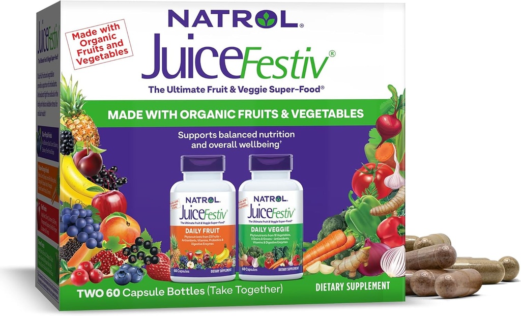 Natrol JuiceFestiv, Ultimate Augļu un Veggie Super-Pārtika, lai atbalstītu līdzsvarotu uzturu un vispārējo labsajūtu, Plus Antioksidanti šūnu veselību, 60 kapsulas (2-Count), Līdz 30 dienu piegādes