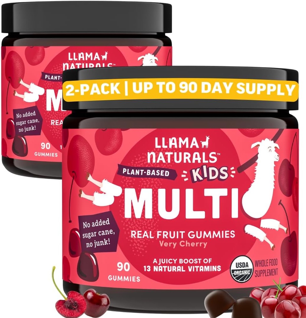 Llama Naturals enfants multivitamines, végétalien, biologique avec vitamine D, C & K, Vitamines Gommy de fruits réels, supplément à croquer, multivitamine d'aliments entiers, pas d'ajout de canne à sucre, cerise, 2 Pk