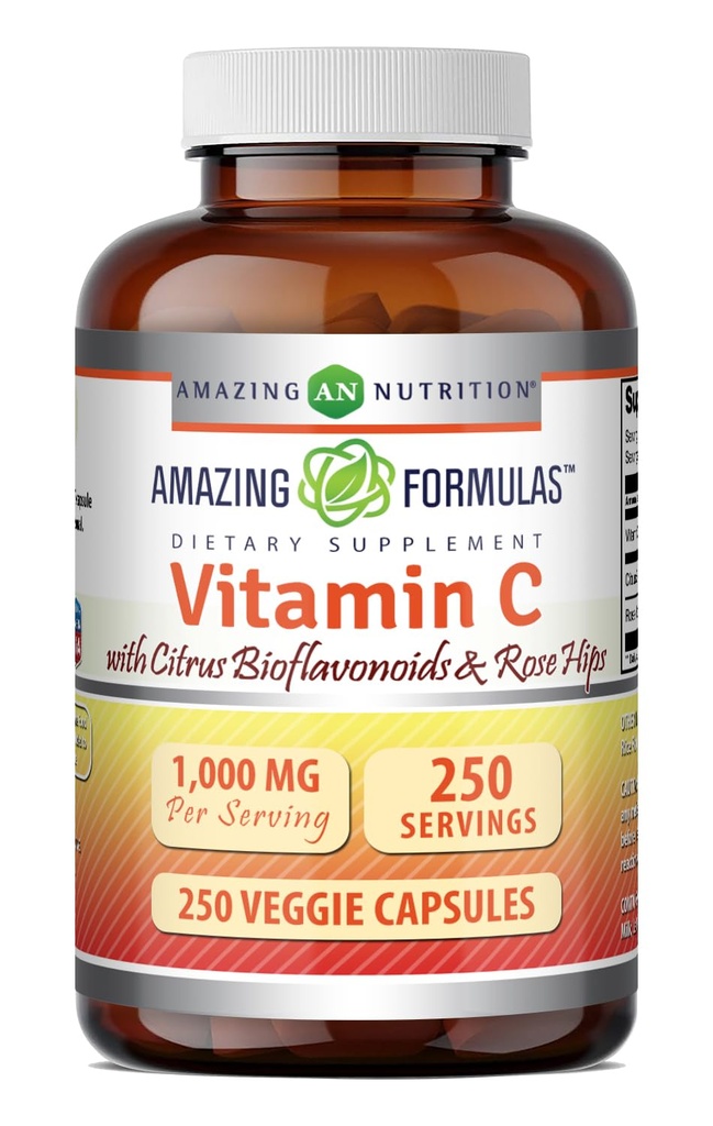 Amazing Formulas Vitamin C with Rose Hips & Citrus Bioflavonoids | 1000 Mg per Serving Supplement | 250 Veggie Capsules | Non-GMO | Gluten-Free | Made in USA