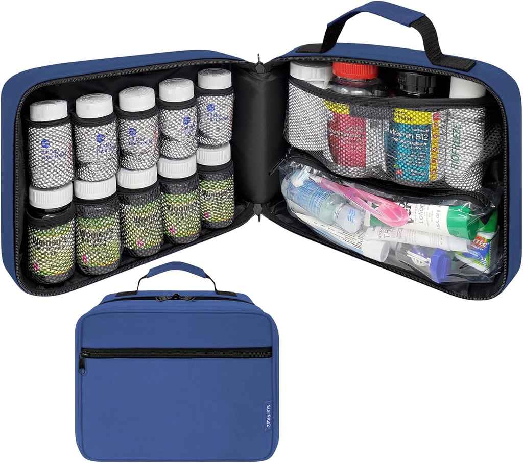 Stor Padded Pill Bottle Organizer, Medicine Bag, Case, Carrier för mediciner, vitaminer och medicinska förnödenheter - Travel Medicine Organizer och Home Storage Med Bag - Blå (utan lås)