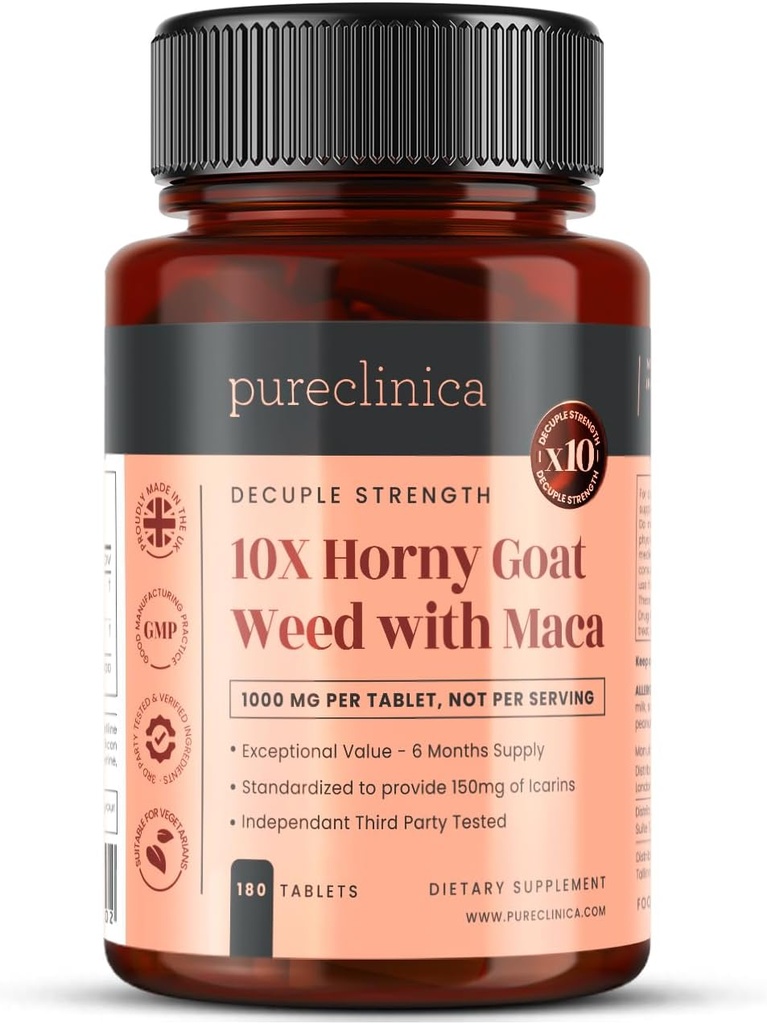pureclinica 10X Horny Geat Weed & Maca Extract 6250mg x 180 Tablets (6 Måneders Tilgang) -10 X Flere Icariins - w / 5mg Black Pepper Extract for 300% Øget Absorption