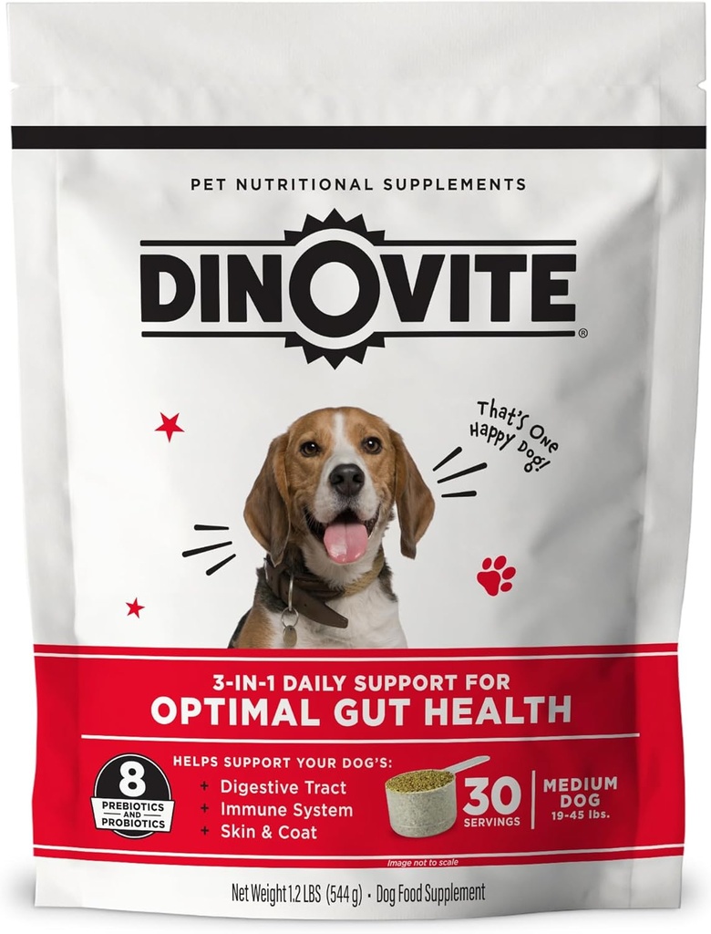 Dinovite 3 in 1 Probiyotik for Medium Dogs, Skin & Coat, Digestive Health & Asiya Yardımı, Dog Food Toppers, Immune Support, Antiinflamatuar Yardım & Itch Yardım Skin Care, 30 Xidmət (18-45lb)