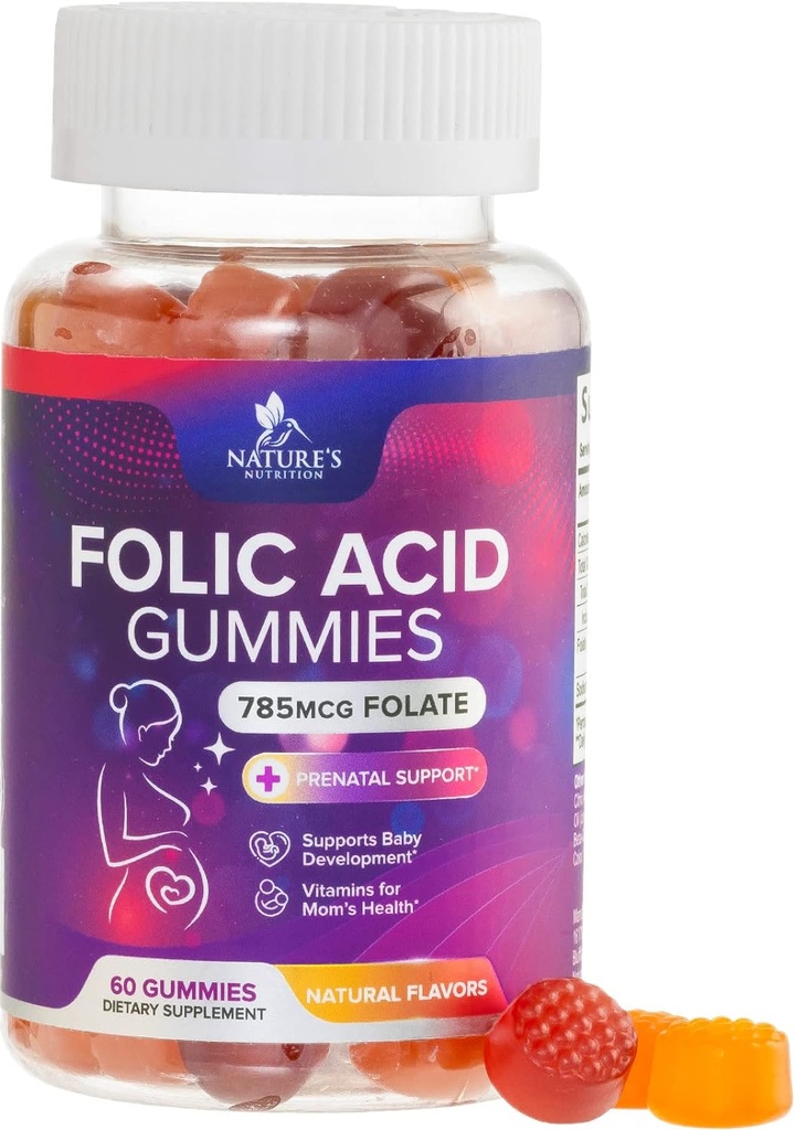 Foolihappo Gummies naisille 785 mikrog, Essential Prenatal Vitamiinit äidille ja vauvalle, Vegan Folic Supplement Gummy, Daily Vitamiini B9 Extra Strength Folaatti, ennen raskauden jälkeen - 60 Gummy
