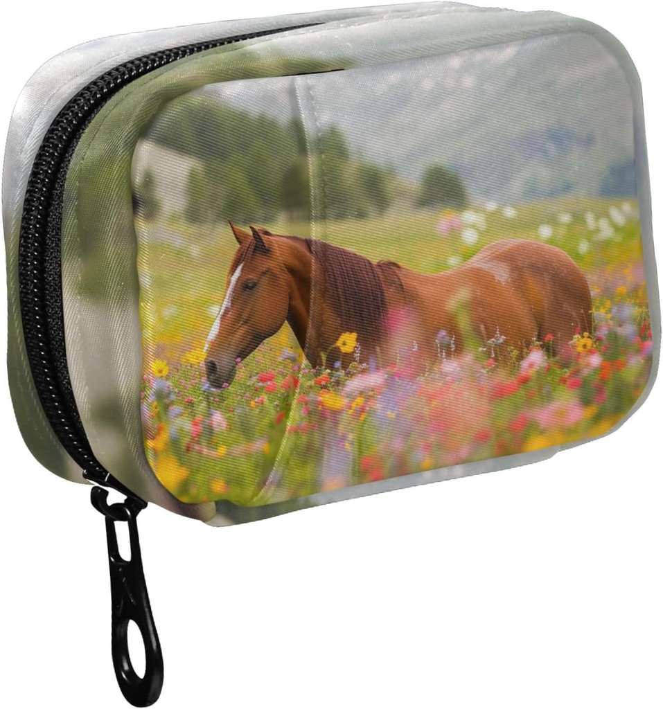 Fustylead Long Mane Horse v barevné Flower Field Pill Pořadatel Case se Zipper 2 krát denně pro vitamín a dodatek, 7 Den cestovní Pořadatel Medicine Case