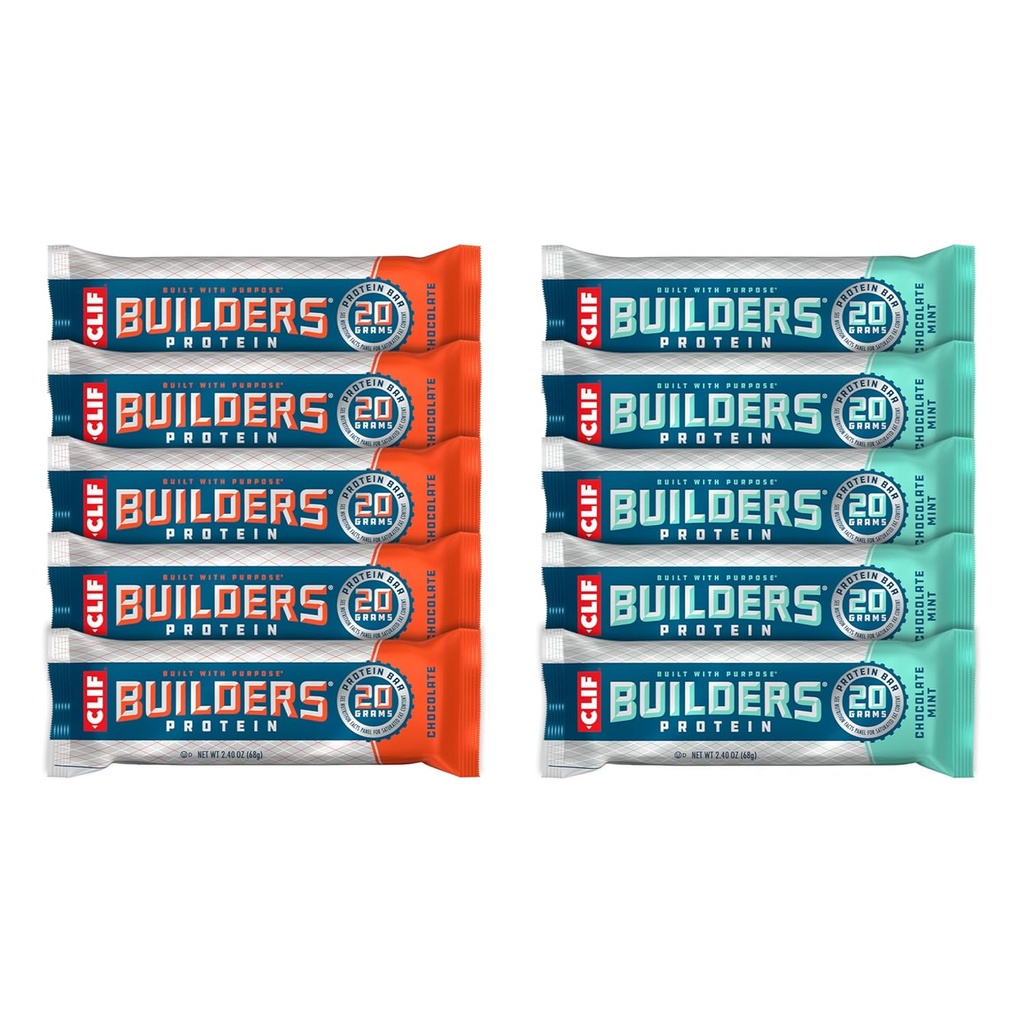 CLIF Builders - Chocolate Mint and Chocolate Flavor - Variety Pack - Plant Based Protein Bars - Gluten Free - Non-GMO - Low Glycemic - 20g Protein - 2.4 oz. (10 Count)