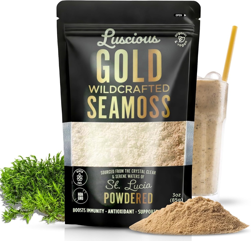 Mar irlandés Moss Powder Gold 3 Oz – 100% Orgánica St. Lucia Sea Moss ¦ Superfood Wildcrafted para Gut Health, Immune Support, Vegan, Gluten-Free ← Hace 120+ Fl Ounces de Gel por Luscious Spice Emporium